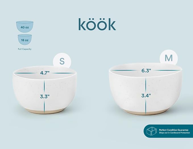 KooK Mixing Bowls, Ceramic Nesting Bowls, Stoneware Kitchen Bowls, For Prep, Serving, Dishwasher Safe, 18/40/90/140 oz, Set of 4, Moonstone