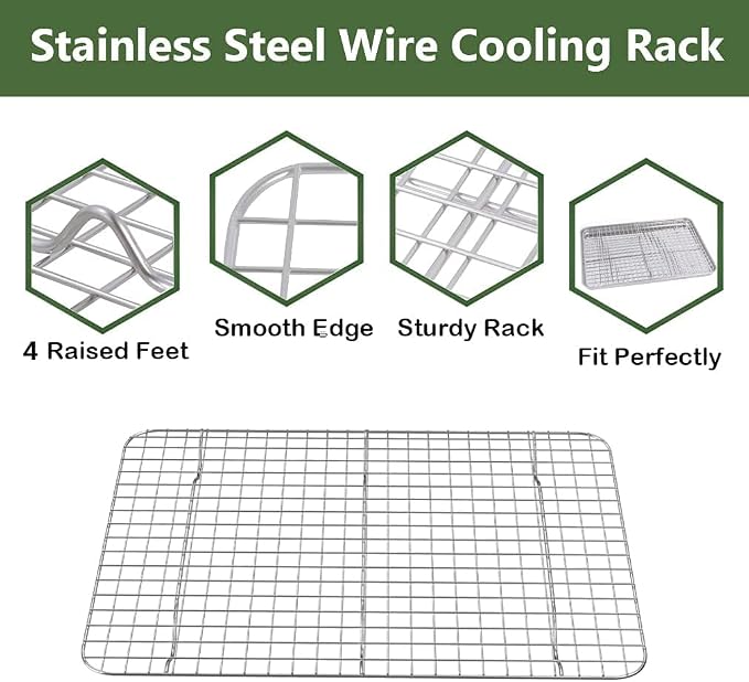 Quarter Baking Sheet Pan Cooling Rack Set, Stainless Steel 2 Pans + 2 Racks | 12x10x1 Inches Baking Sheet Pan with Nonstick, Warp Resistant, Heavy Duty Design for Baking, Roasting, and Cooking