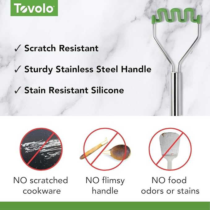 Tovolo Silicone Potato Masher Stainless Steel Handle Pesto Green Dishwasher Safe Heat Resistant Non Scratch Handheld Coil Wire Potato Smasher for Nonstick Pans Ergonomic Kitchen Food Prep Tool