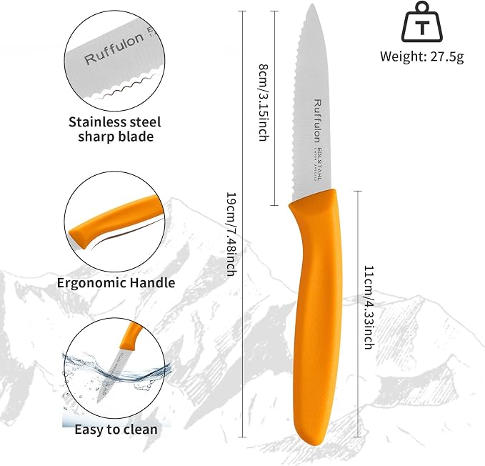 Stainless Steel Paring Knife With Serrated Blade, 6 Pieces Set Vegetable and Fruit Knife, Ultra Sharp Small Kitchen Knife, Orange Paring Knives with PP Plastic Ergonomic Handle.