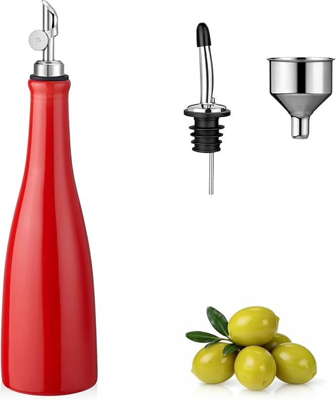 YOLIFE Olive Oil Dispenser Bottle, 17oz/500ml Ceramic Oil Bottle (Red) | Oil Dispenser with Gravity Spout, Leak Proof EVOO Dispensing Bottle with 2 Spouts and 1 Funnel for Vinegar, Kitchen