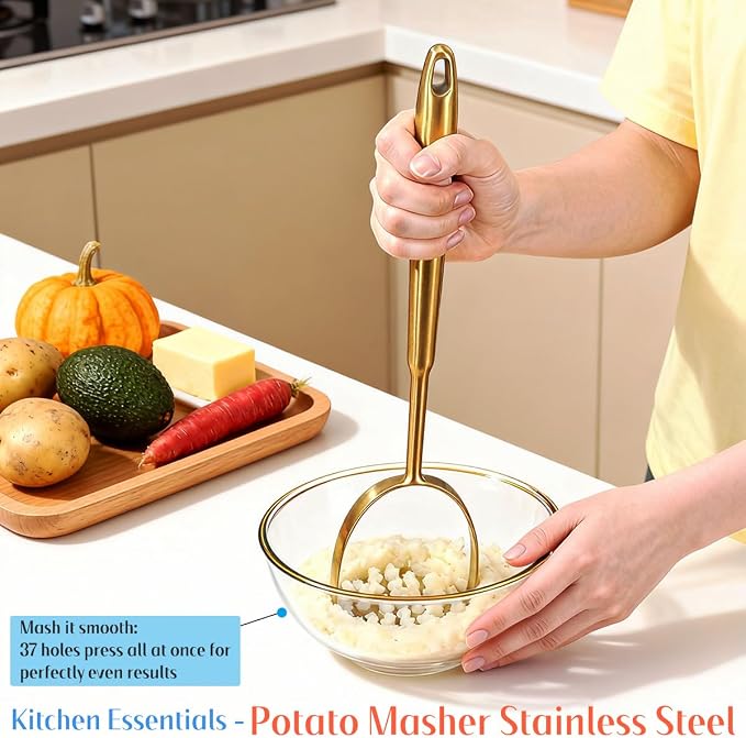 Potato Masher Stainless Steel, 14 Inch Potato Smasher - Kitchen Essential for Mashed Potatoes, Pumpkin, Carrots, Avocado & Fruits, Heavy Duty Metal Mashing Utensil (Gold)