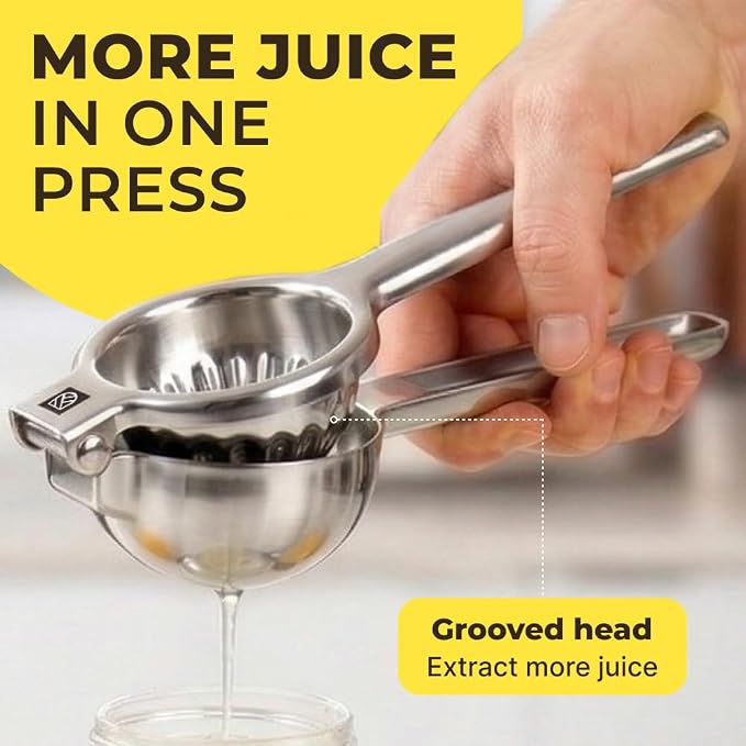 Stainless Steel Lemon Squeezer Press - No Seeds, Pro-Grade, Effortlessly Get Every Drop - Manual Non-Slip Grip Design - Lemon Lime Squeezer, Orange, and Citrus Fruit Hand Held Lemon Juicer Squeezer