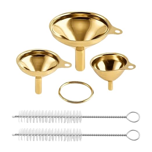 Gold Stainless Steel Funnels for Kitchen Use, Large Tiny Small Funnel Set of 3 with 2Pcs Cleaning Brush Set for Filling Bottles Oil Liquor Water Spice (Gold)