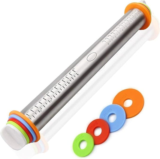 17 Inch Rolling Pin, Non Stick Stainless Steel Dough Roller with 1/16, 1/8, 1/4 and 3/8 Inch 4 Pairs Detachable Thickness Guide Rings for Baking/Dough/Pizza/Pie/Pastries/Pasta/Cookies …