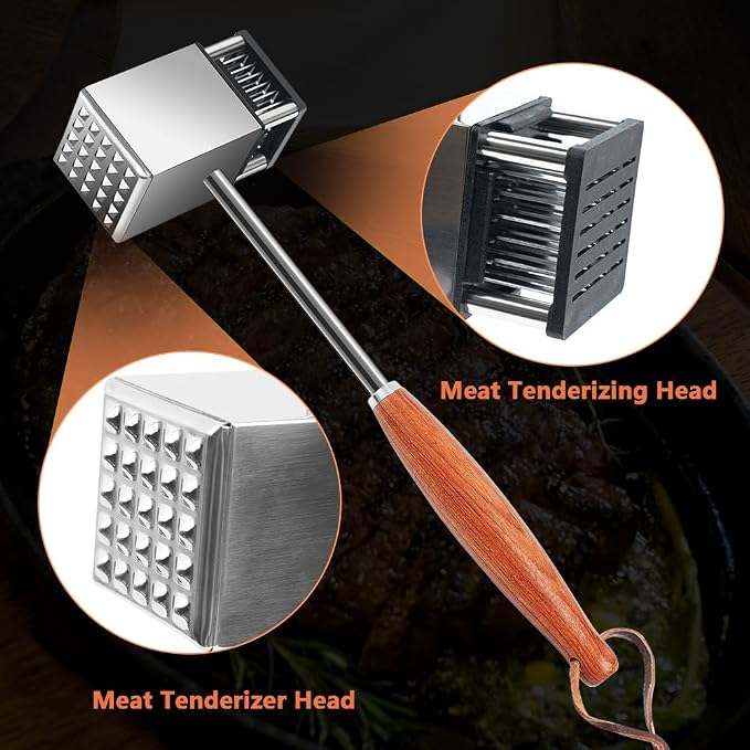 2 in 1 Meat Tenderizer Hammer, Heavy Duty Weighted Stainless Steel Needle Mallet with Non-Slip Natural Rosewood Handle, Easy to Clean Kitchen Tool for Steak Beef Pork Poultry, Ideal Cooking Gift