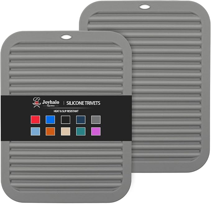 2 Pack Square Trivets for Hot Dishes | 9*12in Silicone Hot Pads for Kitchen,Hot Pots and Pans, Protect Table, Countertops, Heat Resistance to 480°F, Grey