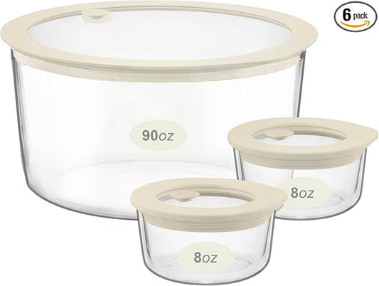 Glass Food Container Set with Glass Lid, 3 Pack, Meal Prep Containers with Silicone Airtight Lid, 1 Large Glass Salad Bowl, 2 small dressing containers,Leakproof, 100% Plastic Free