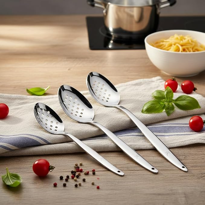 3-PCS Kunz Spoon | 9 Inch 18/10 Stainless Steel Serving Spoons Set Include Serving Spoon, Slotted and Perforated Spoons (Large Medium and Small, Kunz Perforated Spoon Set (3 Piece))