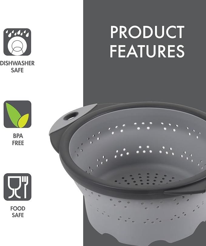 Dexas 8" Collapsible Silicone Colander in Cool Grey, Kitchen Strainer with Handles, 7.2 Cup Capacity | BPA-Free, Heat-Resistant, Space-Saving Kitchen Tool
