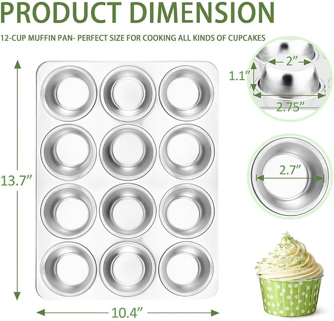 Herogo 2 Pack 12-Cup Stainless Steel Cupcake Pan Tin for Making Egg Muffin Quiches, Metal Muffin Tray Set for Baking, Mini Brownie, Regular Size & Easy Clean, Oven & Dishwasher Safe