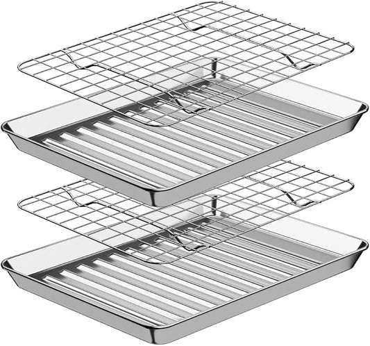 1/8 Baking Sheet Pan Cooling Rack Set, Stainless Steel 2 Pans + 2 Racks | 9x7x1 Inches Small Baking Sheet Pan with Nonstick, Warp Resistant, Heavy Duty Design for Baking, Roasting, and Cooking