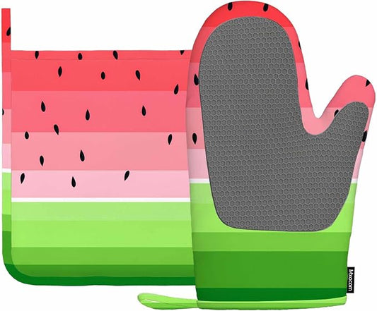 Mxocom Watermelons Oven Mitts and Pot Holders Sets Summer Fruit Watermelon Slice with Black Seeds Red Green Stripes Silicone Heat Resistant Kitchen Oven Gloves Pot Holder for Cooking