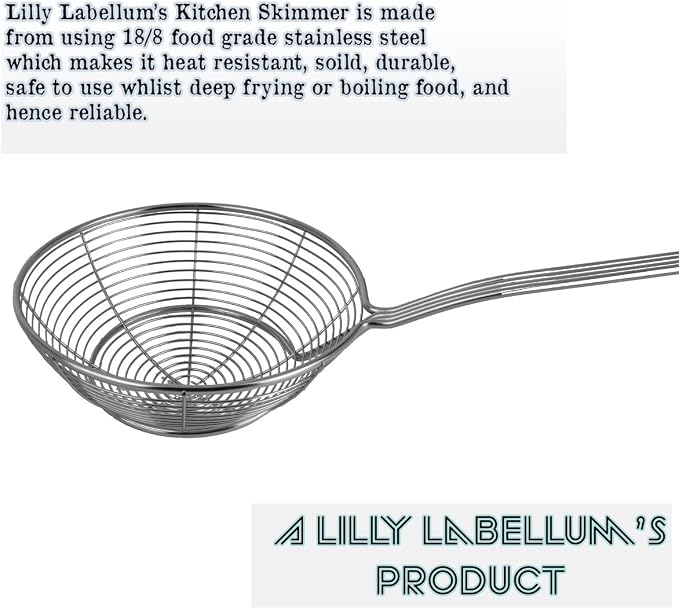 5.4 Inches Solid Stainless Steel Spider Strainer, Oil Skimmer, Kitchen Skimmer with Handle for Deep Frying, Wire Strainer for French Fries, Donuts, & Pasta by Lilly Labellum