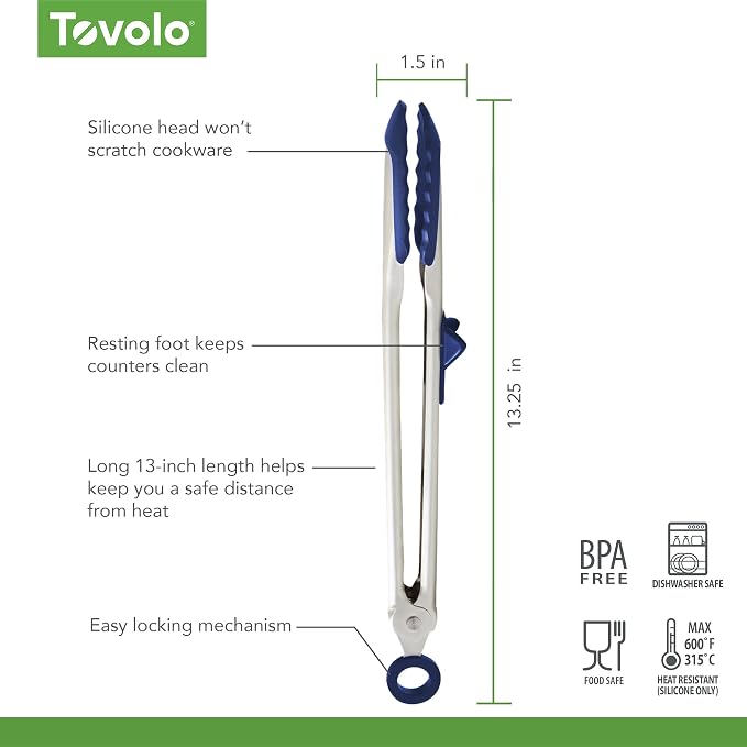Tovolo Tip Top Tongs, Easy-Grip Kitchen Tongs for Cooking With Silicone Tips, Easy Locking Mechanism, Cooking Utensil With Resting Foot, Heat-Resistant & BPA-Free Silicone Tips, Deep Indigo