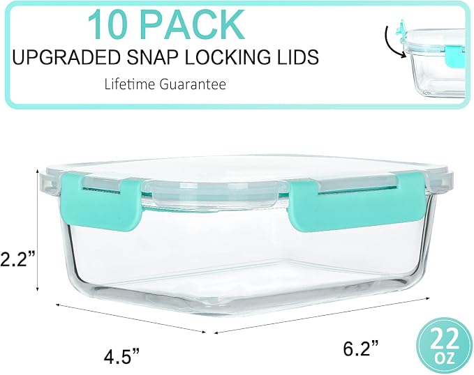 M MCIRCO 10 Pack,22 oz Glass Food Storage Containers with lids, Green | Glass Meal Prep Containers,Airtight Lunch Containers with Lids, Microwave, Oven, Freezer and Dishwasher Friendly, BPA Free