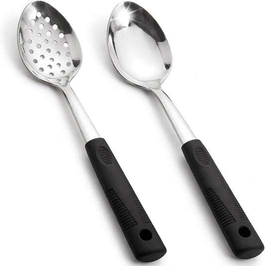 Serving Spoons Set, Large Serving Spoons with Silicone Handles | Stainless Steel Serving Spoon, Slotted Spoon & Soup Ladle Set for Buffet and Home Kitchen