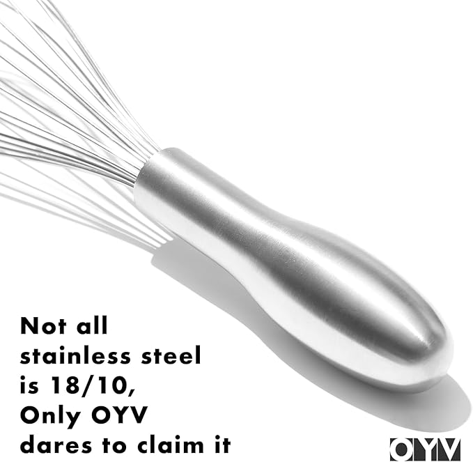 OYV 18/10 Stainless Steel Whisk, Ergonomic Handle, Dishwasher Safe Metal Whisk, Professional Wisk for Kitchen Cooking, Perfect for Blending, Whisking, Baking, and Beating, 10-Inch Wire Wisk