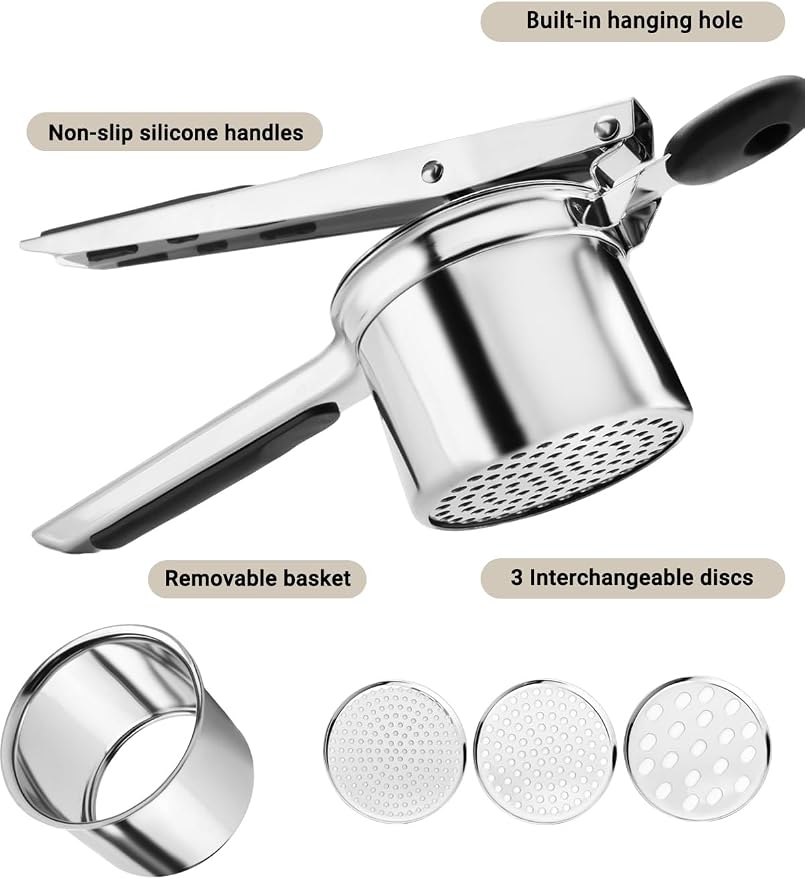 Potato Ricer, Heavy Duty Stainless Steel Potato Masher and Ricer for Mashed Potatoes, Kitchen Gadget for Mashed Potatoes with 3 Interchangeable Discs
