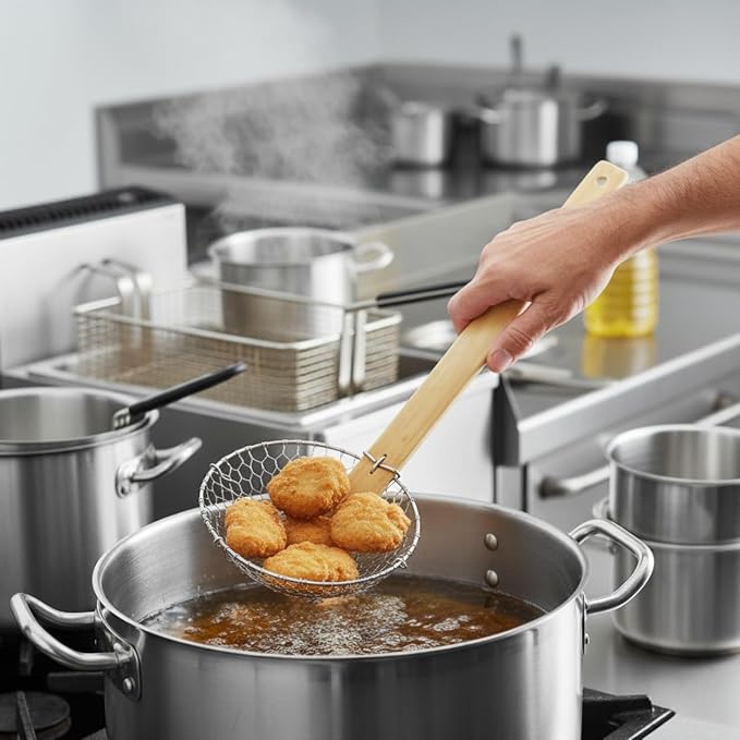TrueCraftware- 6” Coarse Mesh Skimmer Galvanized Steel with Natural Bamboo Handle- Spider Strainer Ladle Kitchen Frying Food Pasta Spaghetti for Cooking and Frying Pasta Strainer Spoon