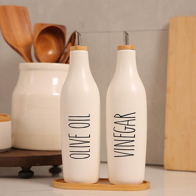 HOMCDALY Ceramic Olive Oil Dispenser for Kitchen, Stoneware 16oz Oil Cruet and Vinegar Bottles Dispenser, Kitchen Dispenser Bottle for EVOO Vinegar Syrups, Modern Farmhouse Design(W-O)