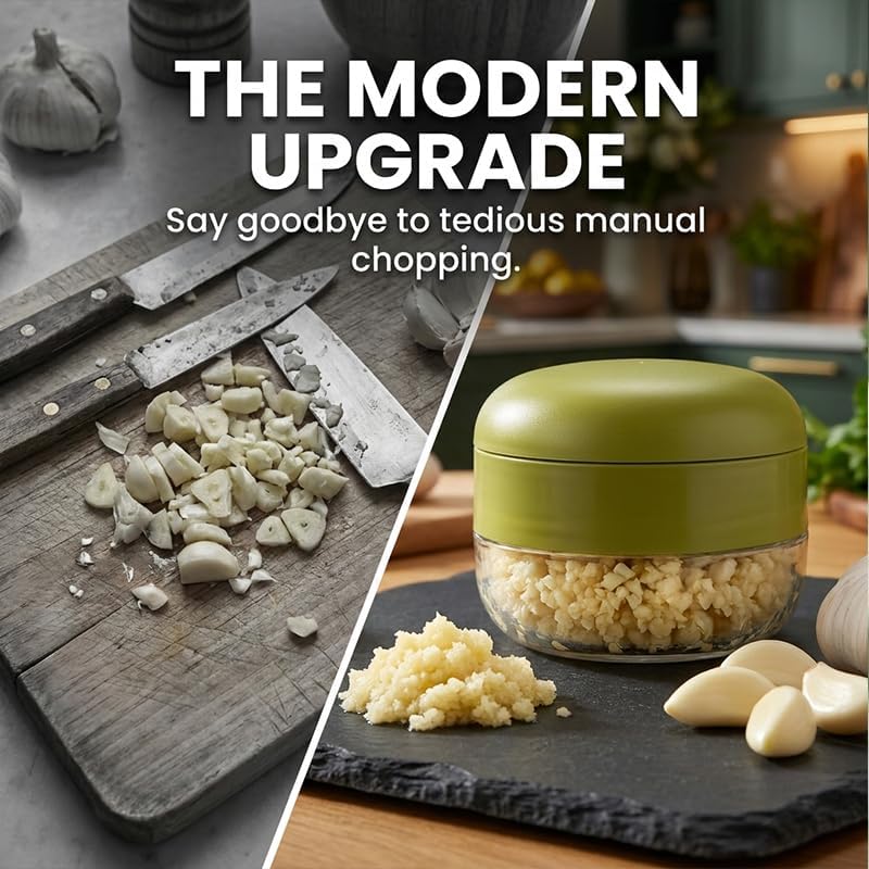 Garlic Press and Chopper with Container, Garlic Crusher and Mincer, Stainless Steel Blade Garlic Slicer, Manual Garlic Cutter for Kitchen Cooking and Food Prep (3)