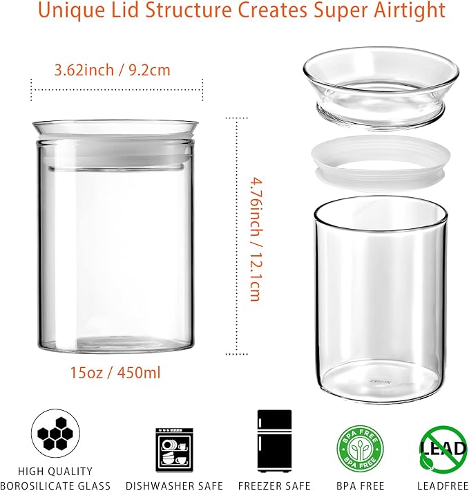 ZENS 15oz Glass Jars with Airtight Lid, Set of 2 Small Glass Storage Jars | Thick Borosilicate Clear Kitchen Canisters for Herbs, Sugar, Loose Tea Glass Storage Jars