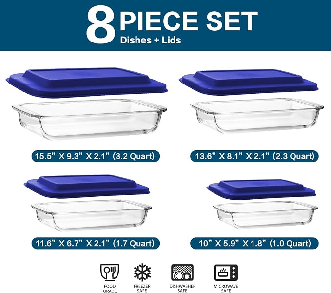 M MCIRCO 8 Piece Deep Glass Baking Dish with Lids, BPA free, Navy Blue | Rectangular Glass Bakeware Set, Baking Pans for Lasagna, Casserole Dishes, Microwave, Oven, Freezer, Dishwasher