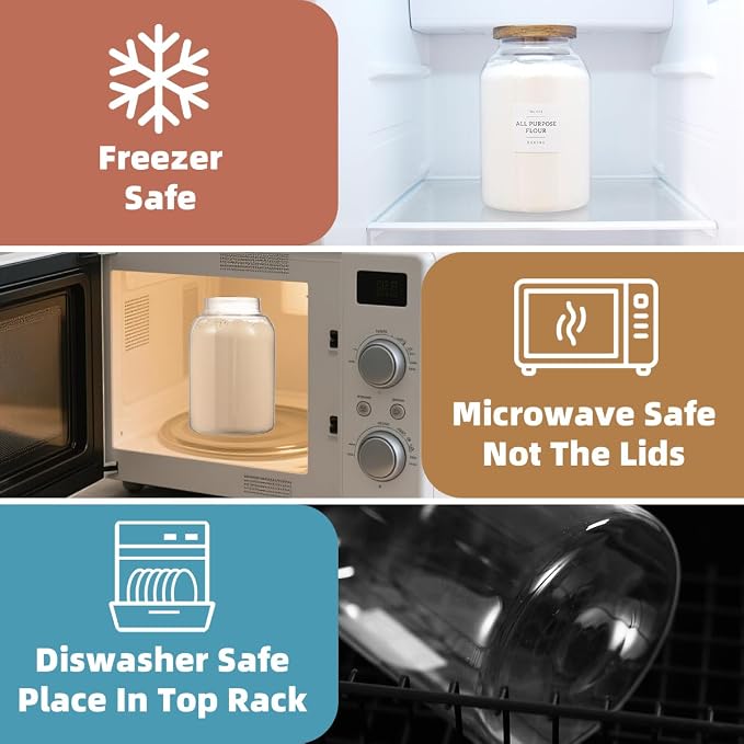 2 Pack Large Glass Flour and Sugar Storage Containers with Airtight Acacia Wood Lids and 132 Kitchen Pantey Labels Preprint - 1 Gallon Borosilicate Glass Canister Sets for Food,Pasta,Cookie,Rice