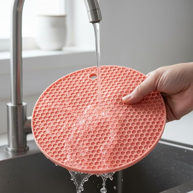 6-Pack Silicone Trivet Mats, Heat Resistant Hot Pads, Dishwasher Safe Kitchen Mats, BPA-Free Pot Holders for Table, Countertop, Stove, Honeycomb Design (Pink, 7” Square/Round)
