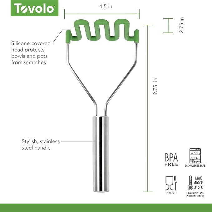 Tovolo Silicone Potato Masher Stainless Steel Handle Pesto Green Dishwasher Safe Heat Resistant Non Scratch Handheld Coil Wire Potato Smasher for Nonstick Pans Ergonomic Kitchen Food Prep Tool