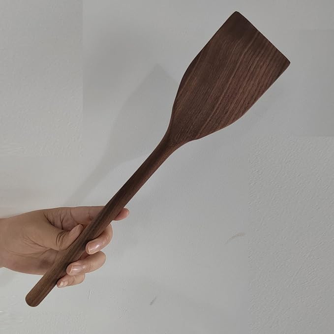 Wooden Spatula for Cooking, Natural Black walnut Wood, 14" Long Handle Angled Wok Spatula, Non Stick Cookware Heat Resistant Kitchen Stir Fry Utensils Black walnut Wooden Utensils for Cooking