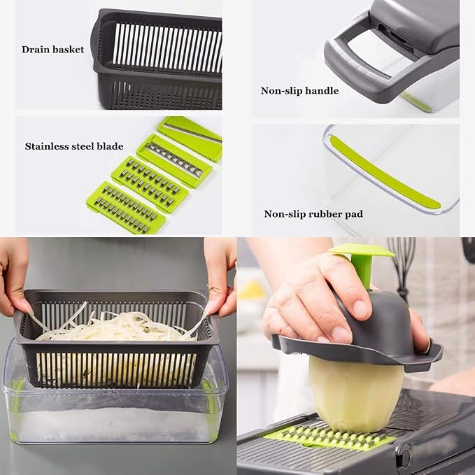 Vegetable Chopper, 12 in 1 Mandoline Slicer Food & Onion Chopper Cuber Cutter Onion Dicer, Veggie Slicer Manual for Garlic, Cabbage, Carrot, Potato, Tomato, Fruit, Salad (Green)-christmas gifts