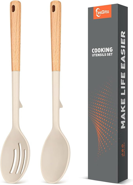 2 Pack Silicone Cooking Spoons, BPA Free, Wooden Handle Heat Resistant Solid & Slotted Spoons for Nonstick Cookware, Suitable for Scooping, Serving and Mixing (Khaki)