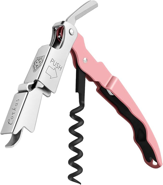 CORKAS Wine Key - Professional Handcrafted Heavy Duty Waiter Corkscrew, Compact Wine Opener with Double Hinged, Foil Cutter and Bottle Opener, Gifts for Servers, Sommelier, Bartenders - Pink