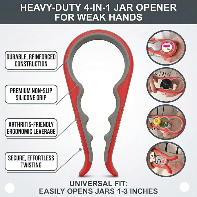 Jar Opener Bottle Opener for Weak Hands, Seniors with Arthritis 4PC-Set - Jar Lid, Can & Water Bottle Opener, Corkscrew Wine Opener, Non-Slip Rubber Jar Opener & Gripper Pad - Gifts for Parents