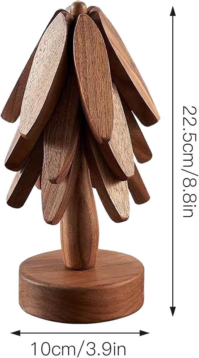 Wooden Tree Coasters, Trivets for Hot Dishes, Trivets for Hot Pots and Pans, Wooden Tree Trivet Set - 3 or 4 Wooden Trivet + 1 Stand, Christmas Coasters (Walnut,4pcs-A)