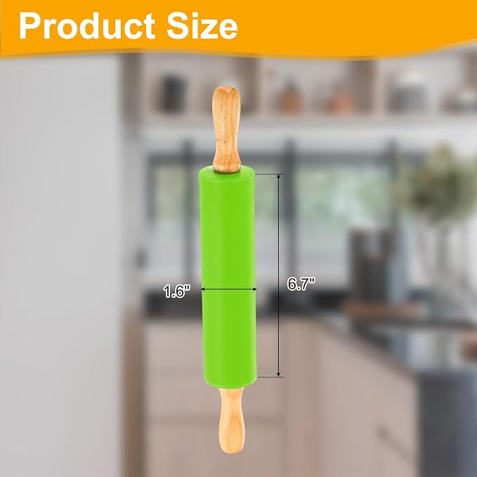 uxcell 6.7 Inch Silicone Rolling Pin, Small Dough Roller with Wood Handle for Pizza Pastry Fondant Kitchen, Green