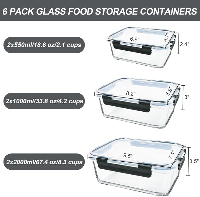 M MCIRCO 6 Pack Extra Large Glass Food Storage Containers with Lids | 67.4oz(8.3 cup), 33.8oz(4.2 cup)& 18.6oz(2.1 cup) Storage Containers, Microwave, Oven, Freezer, Dishwasher Friendly, BPA Free