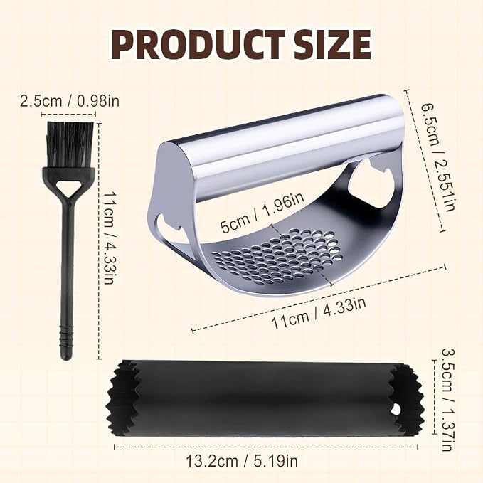 Stainless Steel Garlic Press, 2025 New Arc Shape Stainless Steel Ring Garlic Chopper, Garlic Presse Rocker Garlic Press Mincer Crusher Press, With Peeler and Brush Garlic Chopper (1)