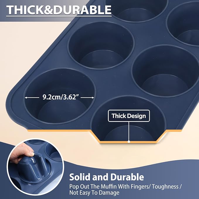 Jumbo Silicone Muffin Pan with Frame, Non Stick Large Cupcake Baking Tin | Silicone Cupcake Pan with Handles 6 Cup, BPA Free Silicon Muffin Tin Tray Extra Large for Baking Egg Bites Mold Vnray Grey