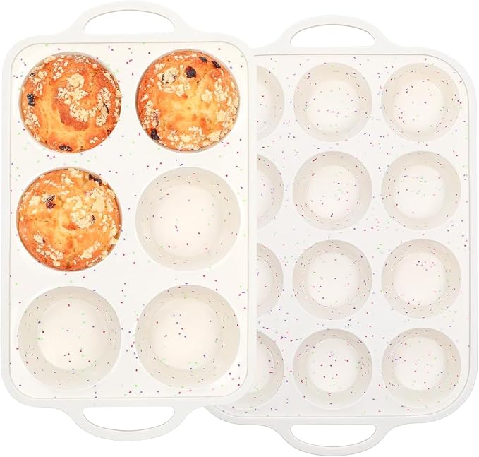 Silicone Muffin Pan with Metal Reinforced Frame - Mini Muffin Pan for Homemade Muffins, Cupcakes, and Bread, Oven and Dishwasher Safe - Set of 2, 6-Cup and 12-Cup