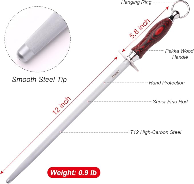 Azhou 12" Professional Knife Sharpener Steel Rod - T12 Carbon Steel (HRC 65±1), Fine 200 Grit for Kitchen & Chef Knives, Easy to Use with Non-Slip Wooden Handle & Gift Box