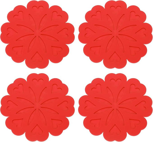 uxcell 4Pcs Silicone Trivet Mats, Flower Pattern Silicone Pad Hot Pad Pan Protectors Table Protector Heat Resistant Mat for Countertop, Hot Dishes, Hot Pots and Pans, Rose Red