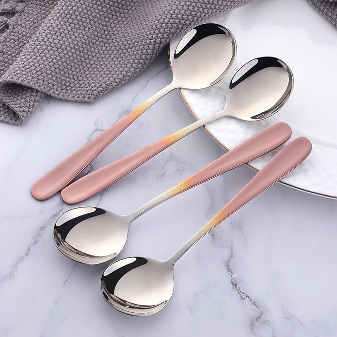 Buyer Star Bouillon Spoon Sets, 7-Inch Round Soup Spoons, Stainless Steel Finished Table Dinner Spoons (Gradient Rose Gold)
