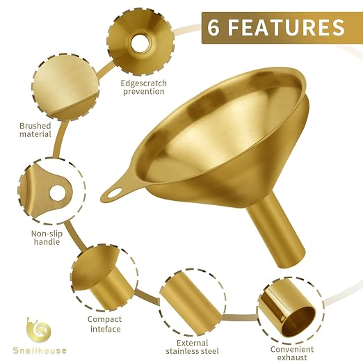 Snailhouse Small Funnels, 3 Pack Stainless Steel Mini Metal Food Funnel with Cleaning Brush Set for Filling Bottles Kitchen Use, Gold (1.78/2.16/2.95 in)