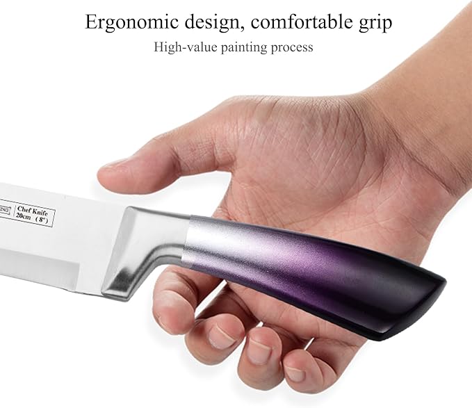 Kitchen Knife Set, 9Pcs Purple Knife Set with Acrylic Block, Ergonomical Handle,Non Stick Sharp Stainless Steel Chef Knife Block Set for Home Cooking Gift