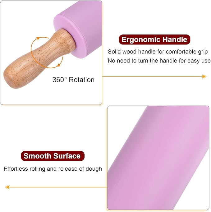 HARFINGTON 2pcs Silicone Rolling Pins for Baking 12.2 Inch Non-Stick Silicone Surface Wooden Handle Rolling Pin Small Roller Playdough Rolling Pins for Fondant Kitchen Dough Pizza, Purple