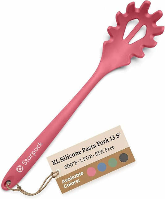 Starpack XL Premium Silicone Pasta Fork (13.5") - Spaghetti Spoons High Heat Resistant to 600°F - Silicone Pasta Spoon Strainer - Server Spoon with Teeth - Server Utensil for Pastas