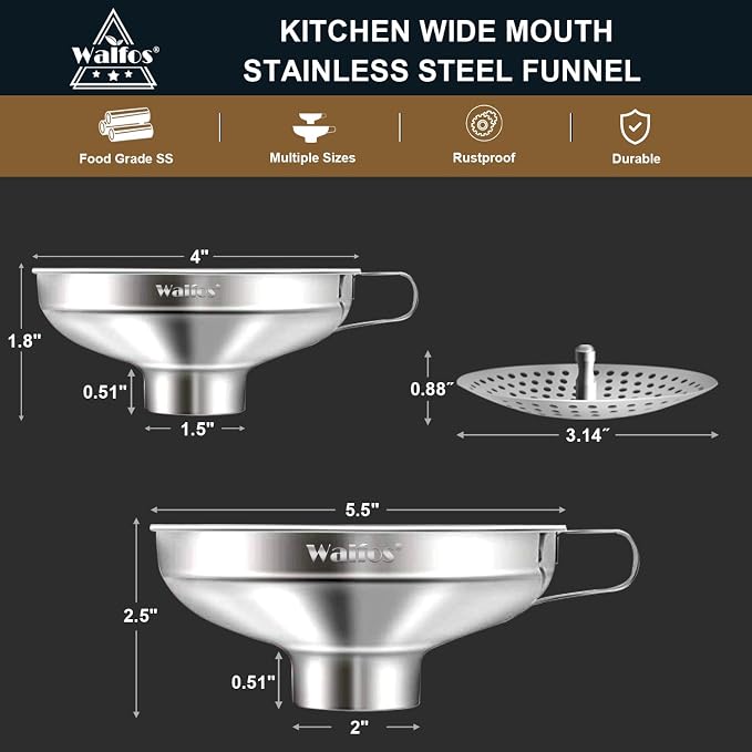 Walfos 5.5 Inch and 4 inch Stainless Steel Wide-Mouth Funnel with Handle for Wide and Regular Mason Jars Canning Jars,Wide Mouth Funnels for Kitchen Use Transferring Liquid and Dry Ingredients!